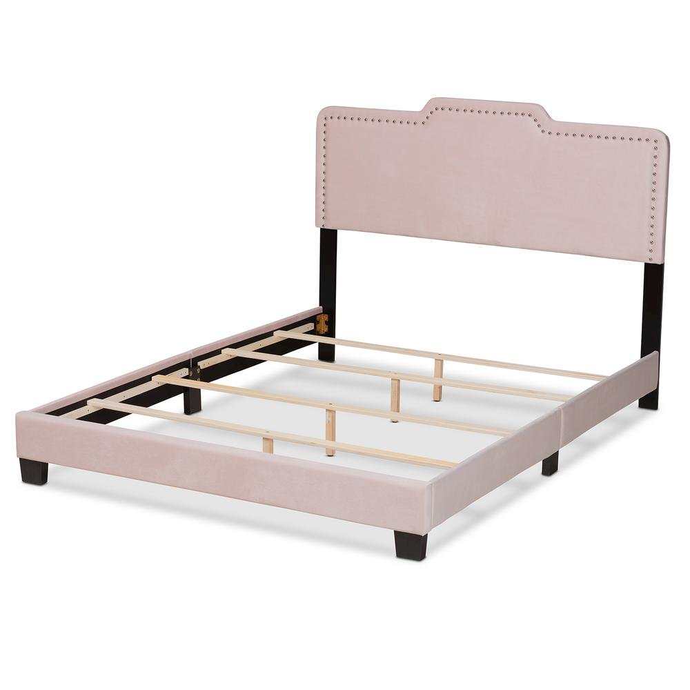 Glam Light Pink Velvet Fabric Upholstered Queen Size Panel Bed