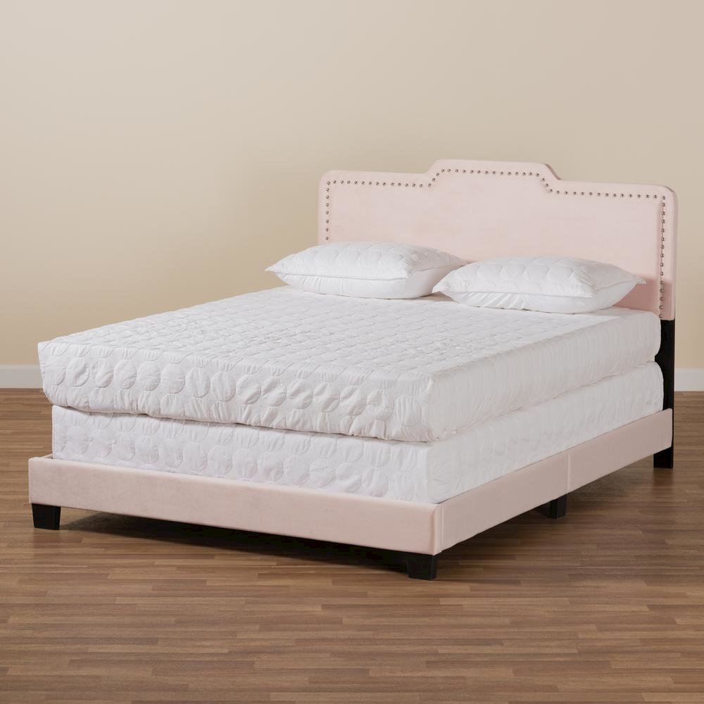 Glam Light Pink Velvet Fabric Upholstered Queen Size Panel Bed