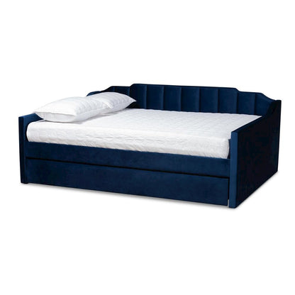 Navy Blue Velvet Fabric Upholstered Queen Size Daybed with Trundle