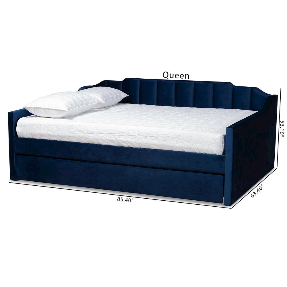 Navy Blue Velvet Fabric Upholstered Queen Size Daybed with Trundle