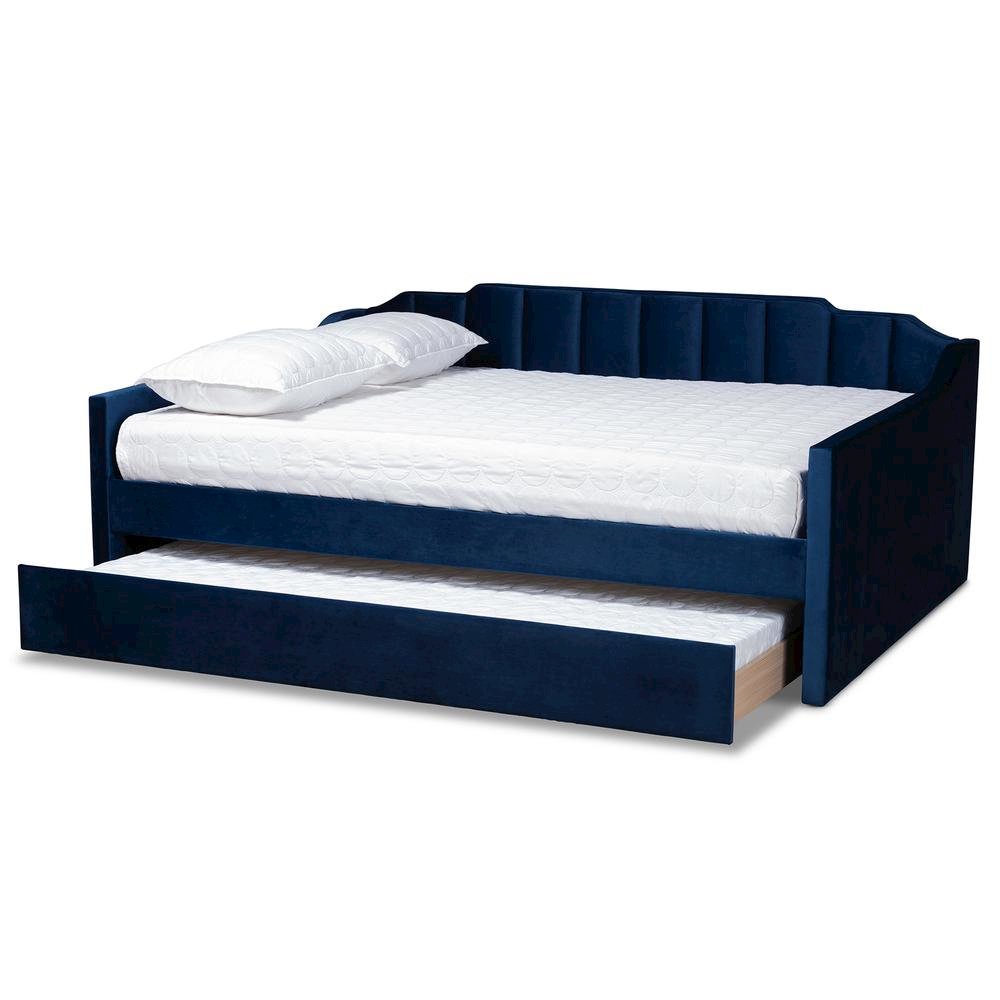 Navy Blue Velvet Fabric Upholstered Queen Size Daybed with Trundle
