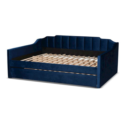 Navy Blue Velvet Fabric Upholstered Queen Size Daybed with Trundle