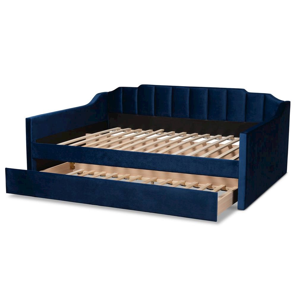 Navy Blue Velvet Fabric Upholstered Queen Size Daybed with Trundle