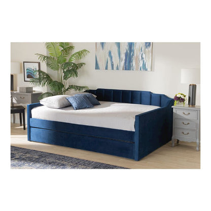 Navy Blue Velvet Fabric Upholstered Queen Size Daybed with Trundle