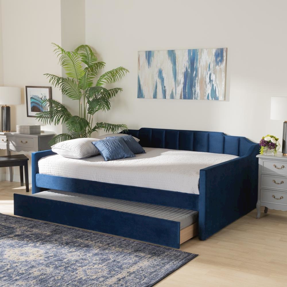 Navy Blue Velvet Fabric Upholstered Queen Size Daybed with Trundle