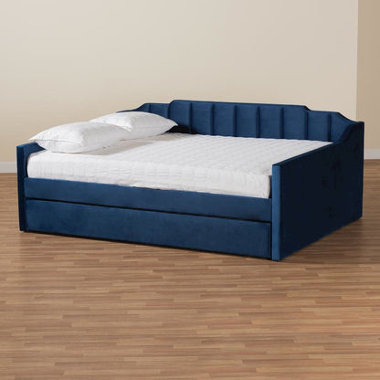 Navy Blue Velvet Fabric Upholstered Queen Size Daybed with Trundle