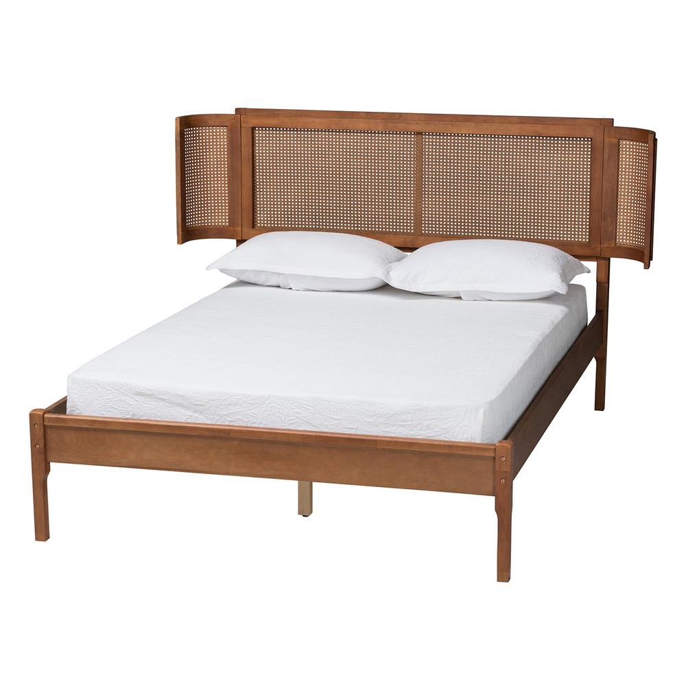 Walnut Brown Finished Wood and Natural Rattan Queen Size Platform Bed