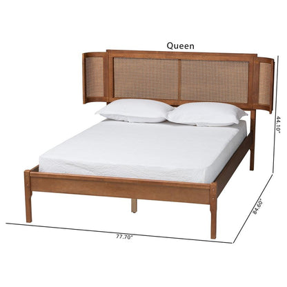Walnut Brown Finished Wood and Natural Rattan Queen Size Platform Bed