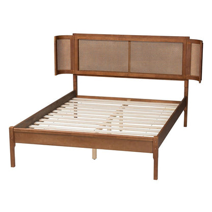 Walnut Brown Finished Wood and Natural Rattan Queen Size Platform Bed