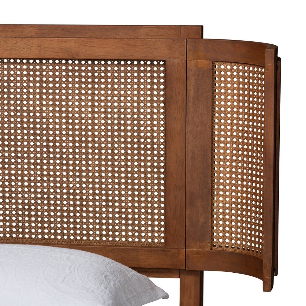 Walnut Brown Finished Wood and Natural Rattan Queen Size Platform Bed