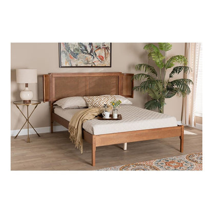 Walnut Brown Finished Wood and Natural Rattan Queen Size Platform Bed