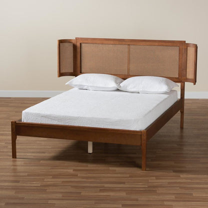 Walnut Brown Finished Wood and Natural Rattan Queen Size Platform Bed
