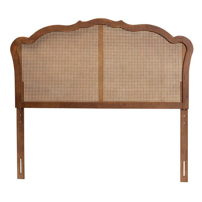Traditional Ash Walnut Finished Wood Queen Size Headboard with Rattan