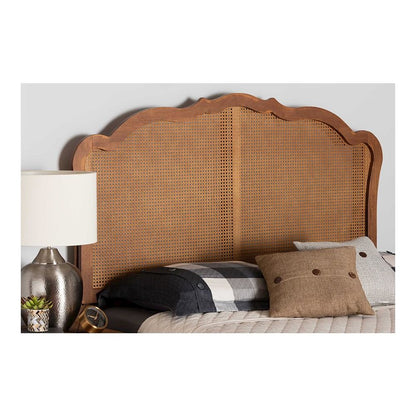 Traditional Ash Walnut Finished Wood Queen Size Headboard with Rattan
