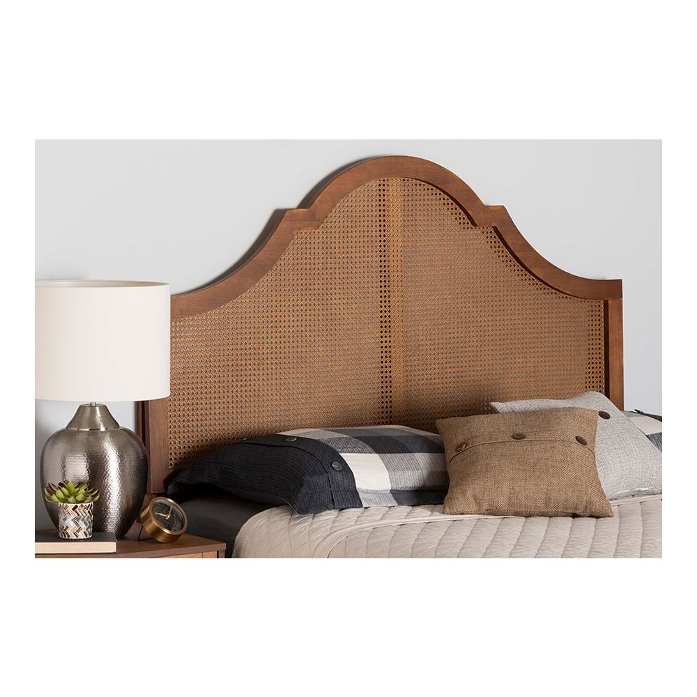 Traditional Ash Walnut Finished Wood Queen Size Headboard with Rattan