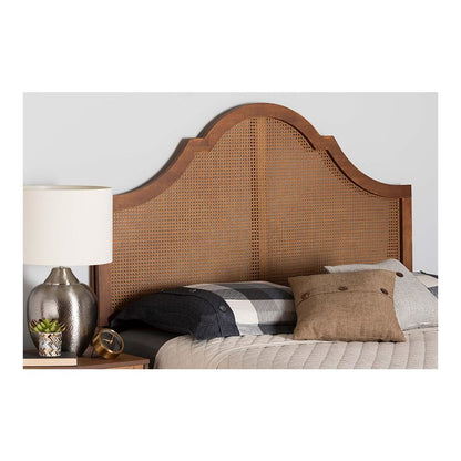 Traditional Ash Walnut Finished Wood Queen Size Headboard with Rattan