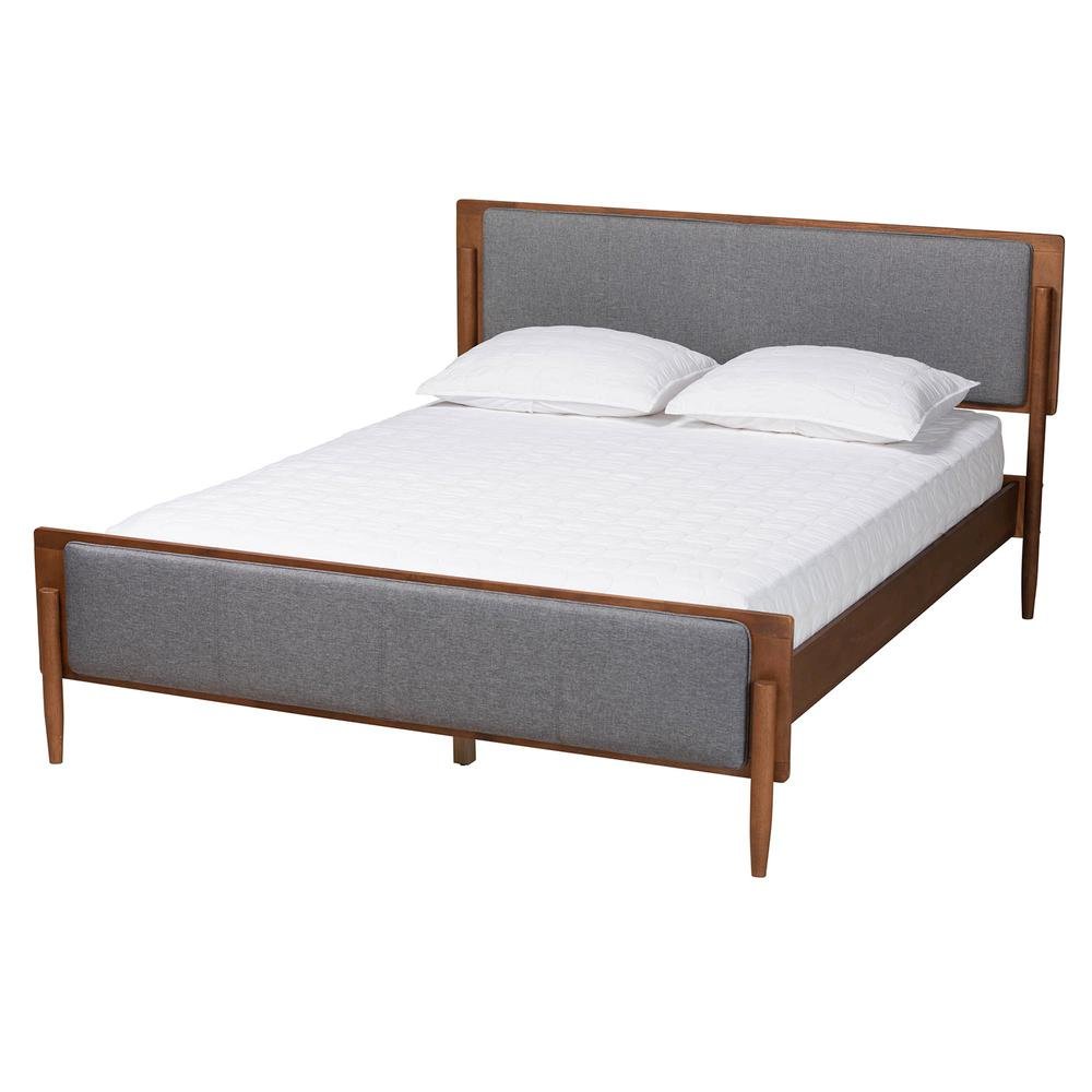 Grey Fabric and Ash Walnut Finished Wood King Size Platform Bed