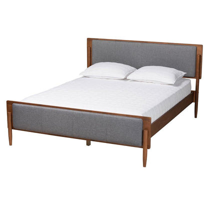Grey Fabric and Ash Walnut Finished Wood King Size Platform Bed