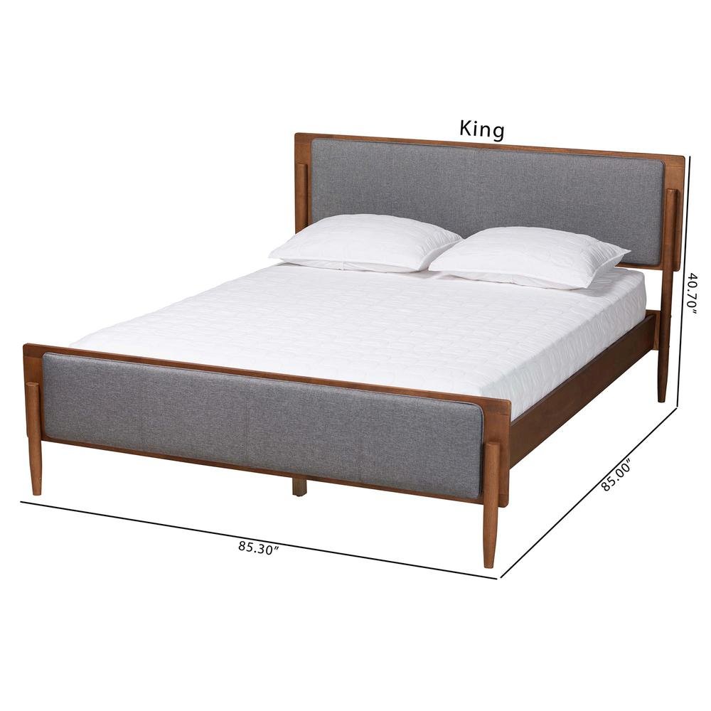 Grey Fabric and Ash Walnut Finished Wood King Size Platform Bed