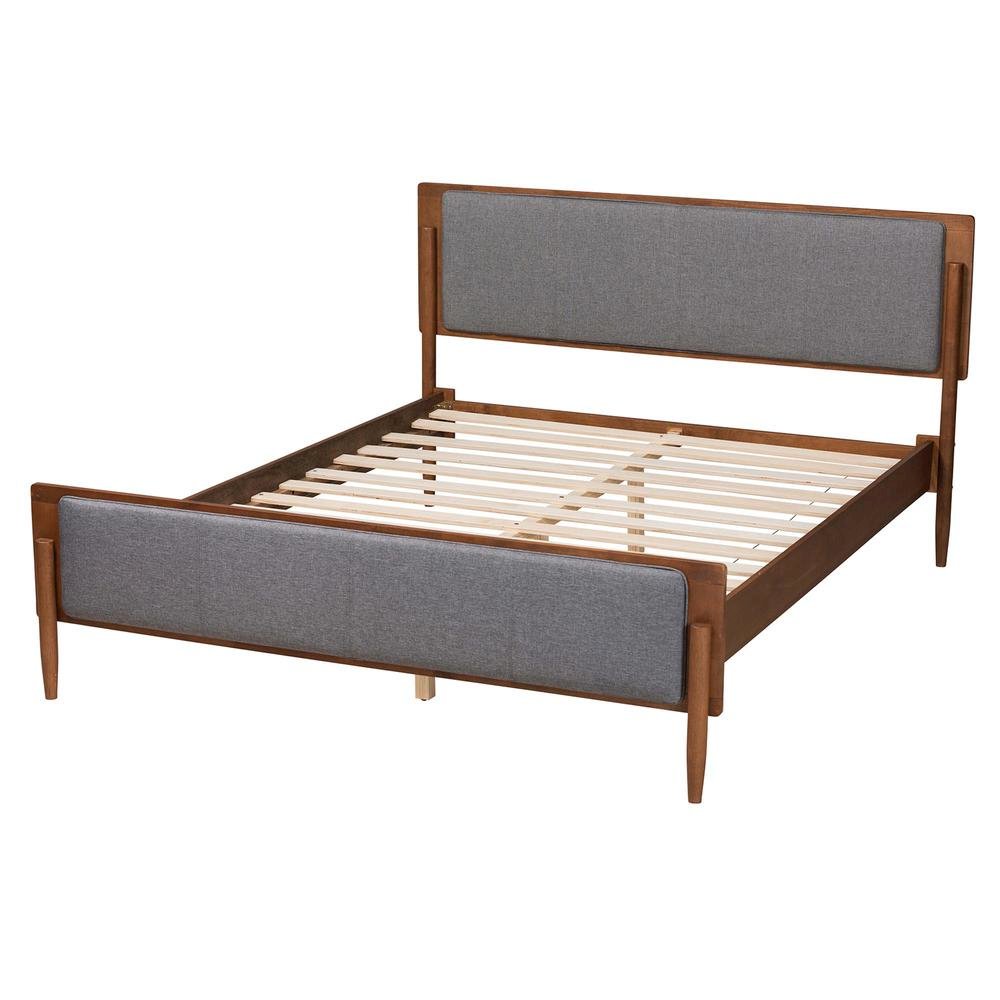 Grey Fabric and Ash Walnut Finished Wood King Size Platform Bed