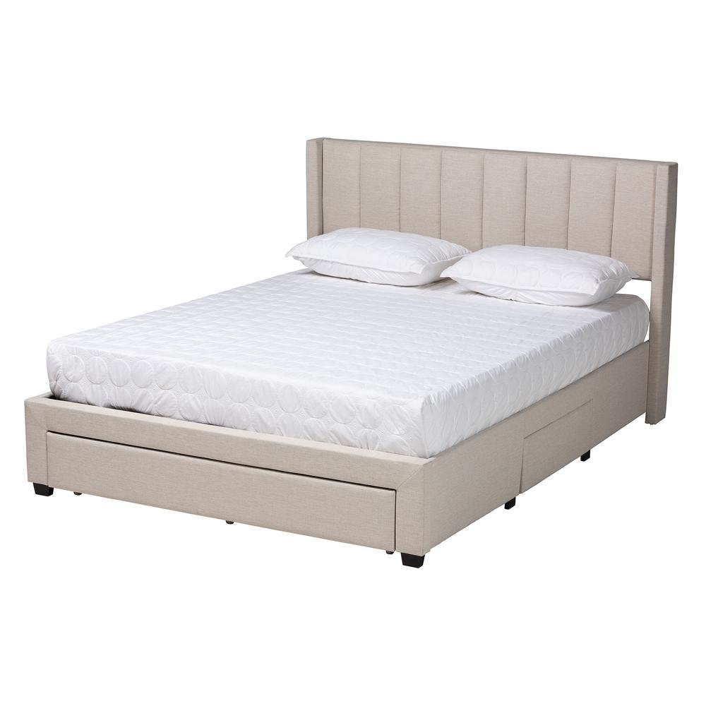 Transitional Beige Fabric Queen Size 3-Drawer Storage Platform Bed