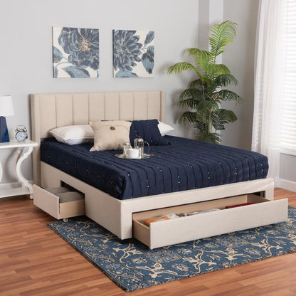 Transitional Beige Fabric Queen Size 3-Drawer Storage Platform Bed