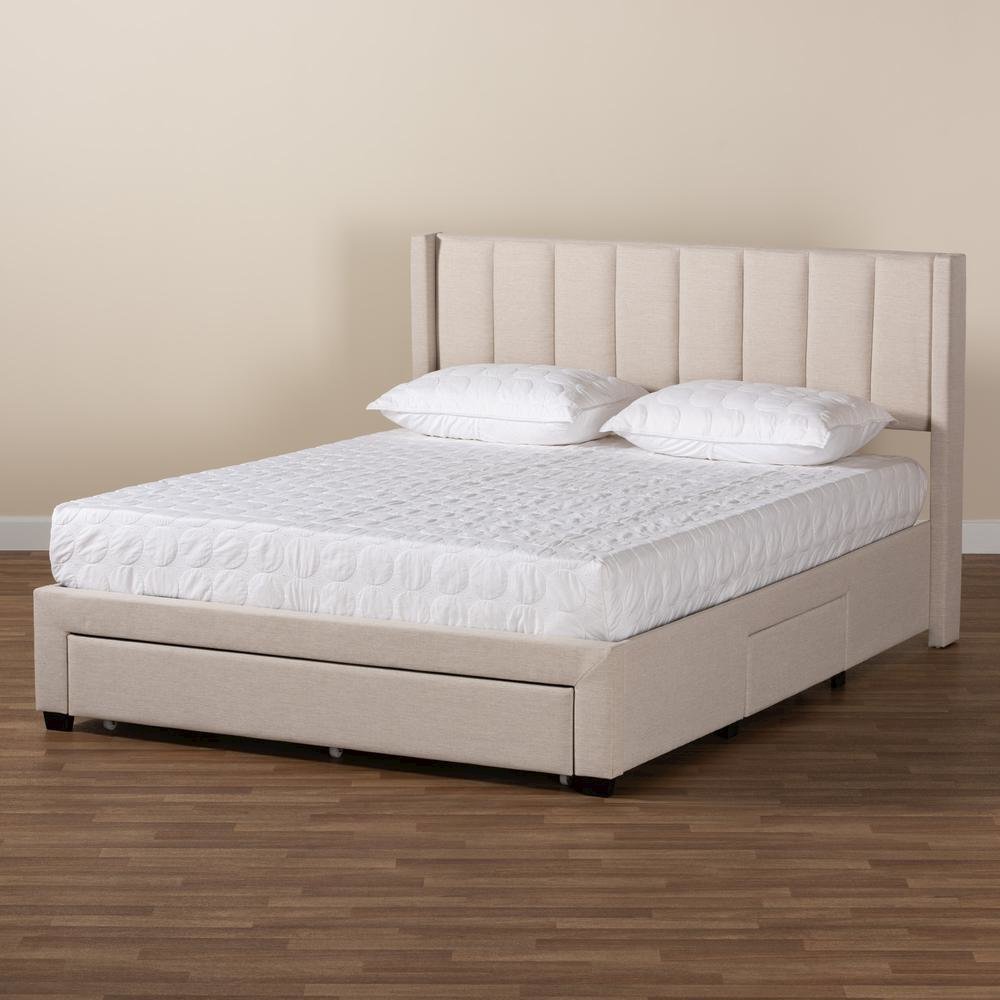 Transitional Beige Fabric Queen Size 3-Drawer Storage Platform Bed