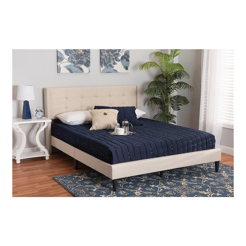 Transitional Beige Fabric Upholstered Queen Size Platform Bed