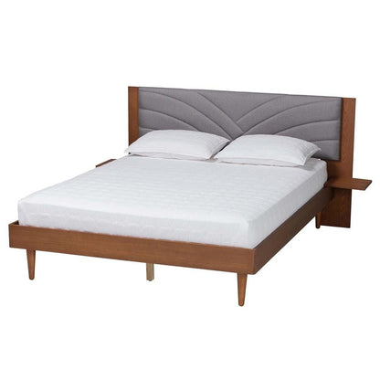 Walnut Brown Wood King Size Platform Bed With Floating Side Table