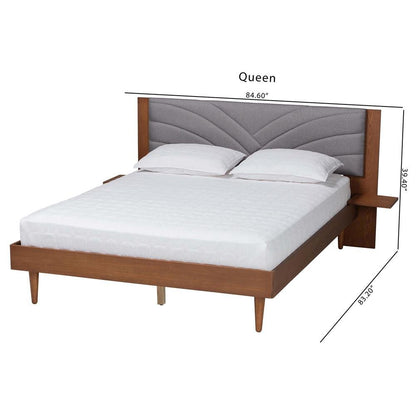 Walnut Brown Wood King Size Platform Bed With Floating Side Table
