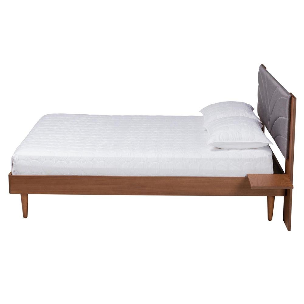 Walnut Brown Wood King Size Platform Bed With Floating Side Table