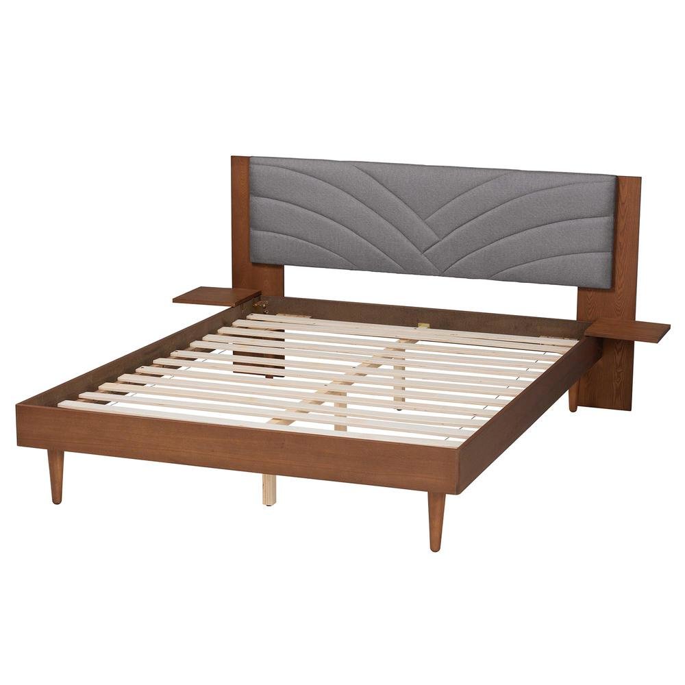 Walnut Brown Wood King Size Platform Bed With Floating Side Table