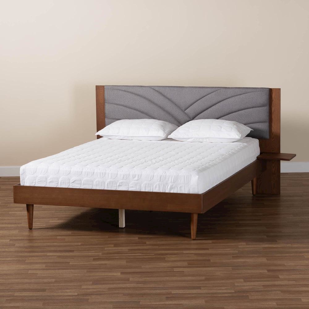 Walnut Brown Wood King Size Platform Bed With Floating Side Table