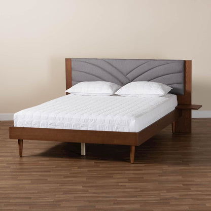Walnut Brown Wood King Size Platform Bed With Floating Side Table