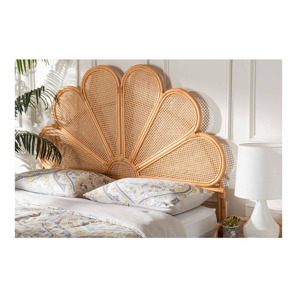 Flower Modern Bohemian Honey Rattan Queen Size Standalone Headboard