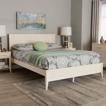 Primrose Mid-Century Ivory Fluted Wood Queen Size Platform Bed