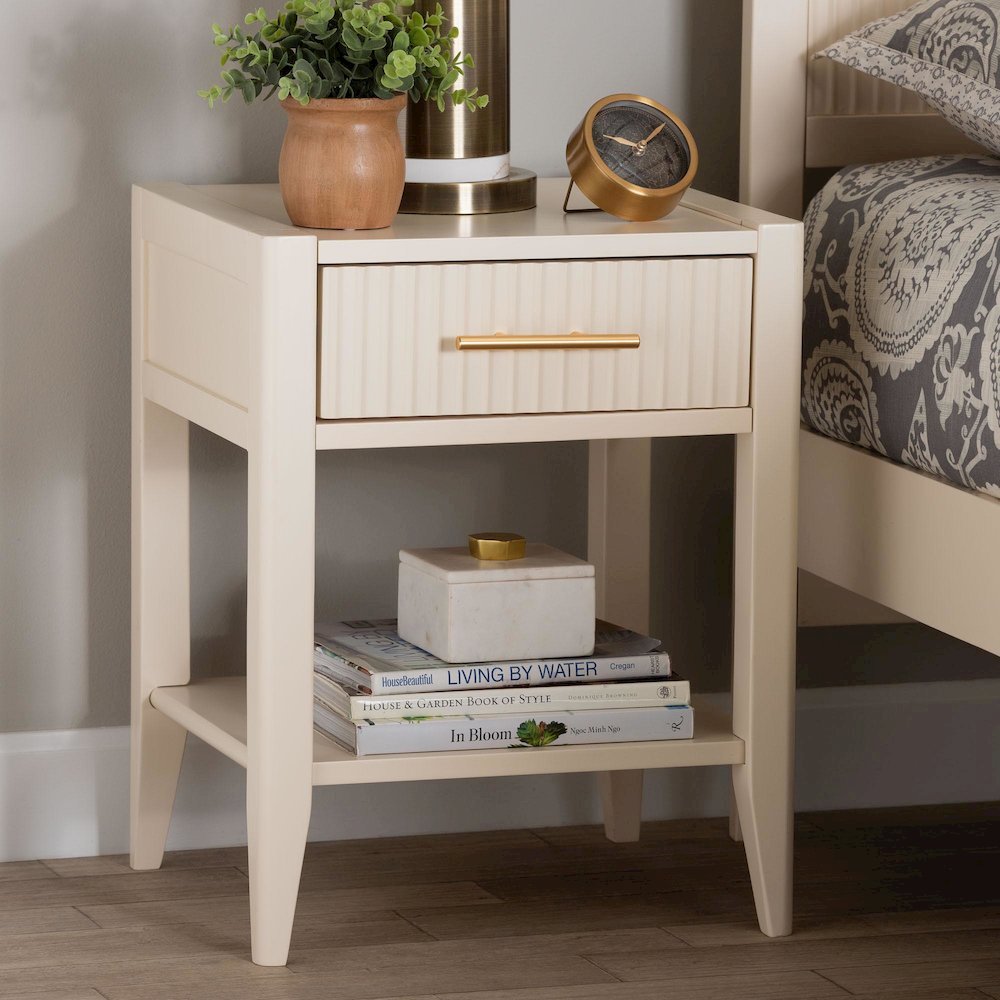 Primrose Mid-Century Ivory Fluted Wood 1-Drawer Nightstand