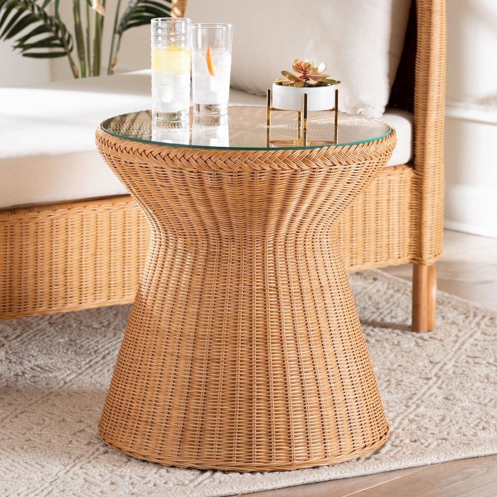 Nina Bohemian Light Honey Braided Rattan End Table with Glass Tabletop