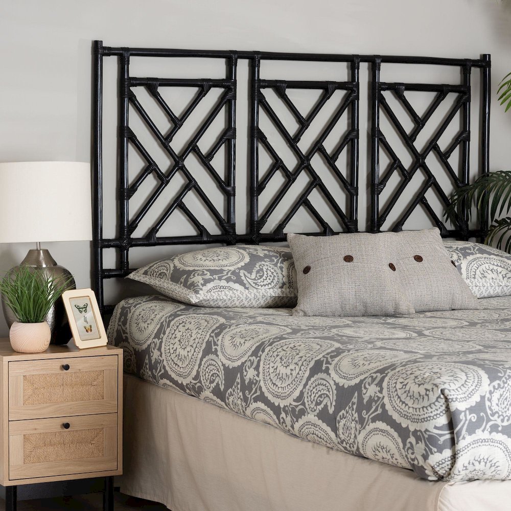 Karavo Bohemian Black Natural Rattan Queen Size Standalone Headboard