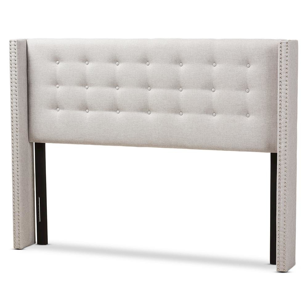 Greyish Beige Fabric Button-Tufted Nail head King Size Winged Headboard