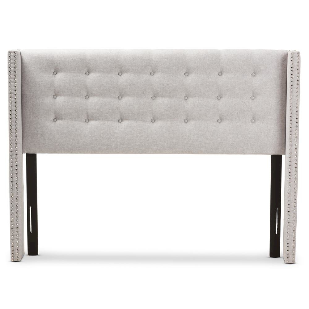 Greyish Beige Fabric Button-Tufted Nail head King Size Winged Headboard