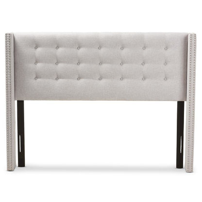 Greyish Beige Fabric Button-Tufted Nail head King Size Winged Headboard