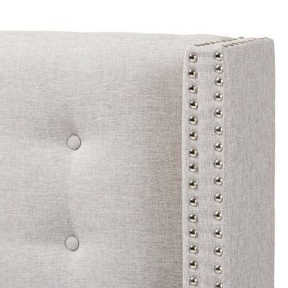 Greyish Beige Fabric Button-Tufted Nail head King Size Winged Headboard