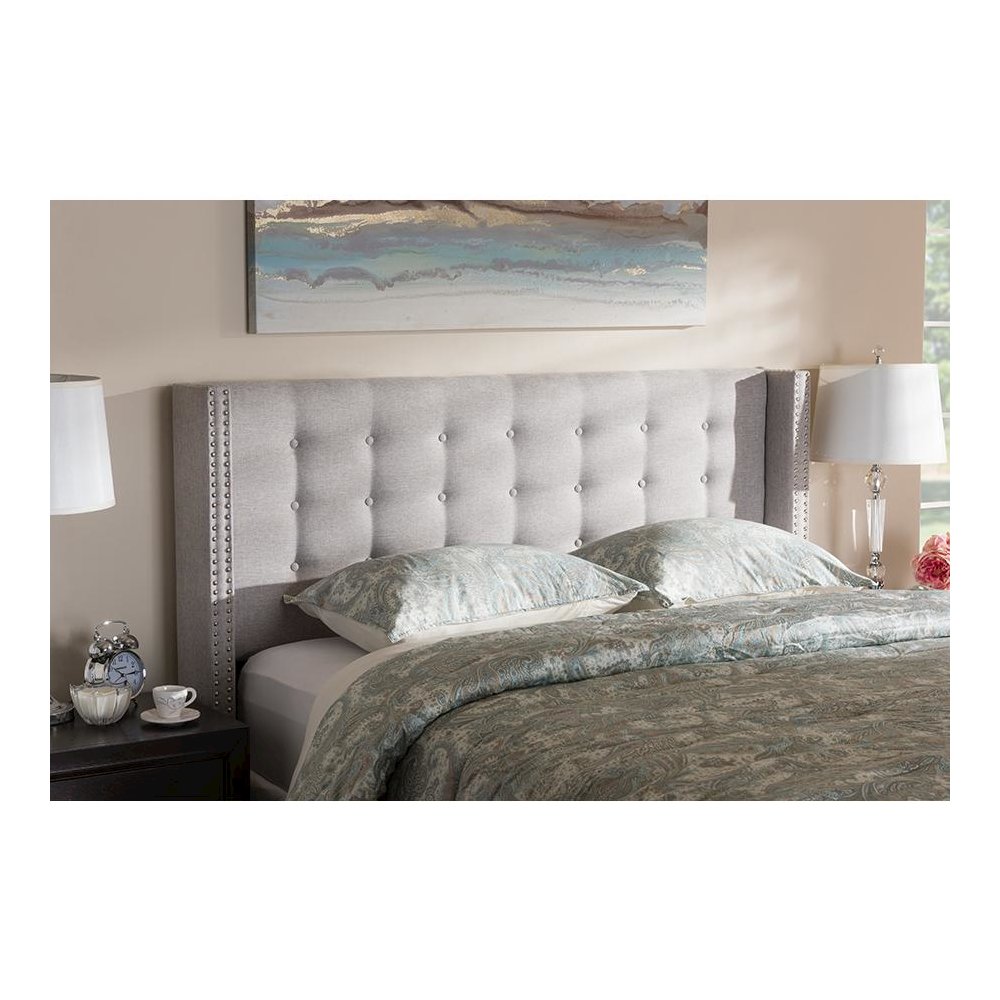 Greyish Beige Fabric Button-Tufted Nail head King Size Winged Headboard
