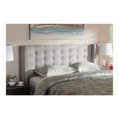 Greyish Beige Fabric Button-Tufted Nail head King Size Winged Headboard