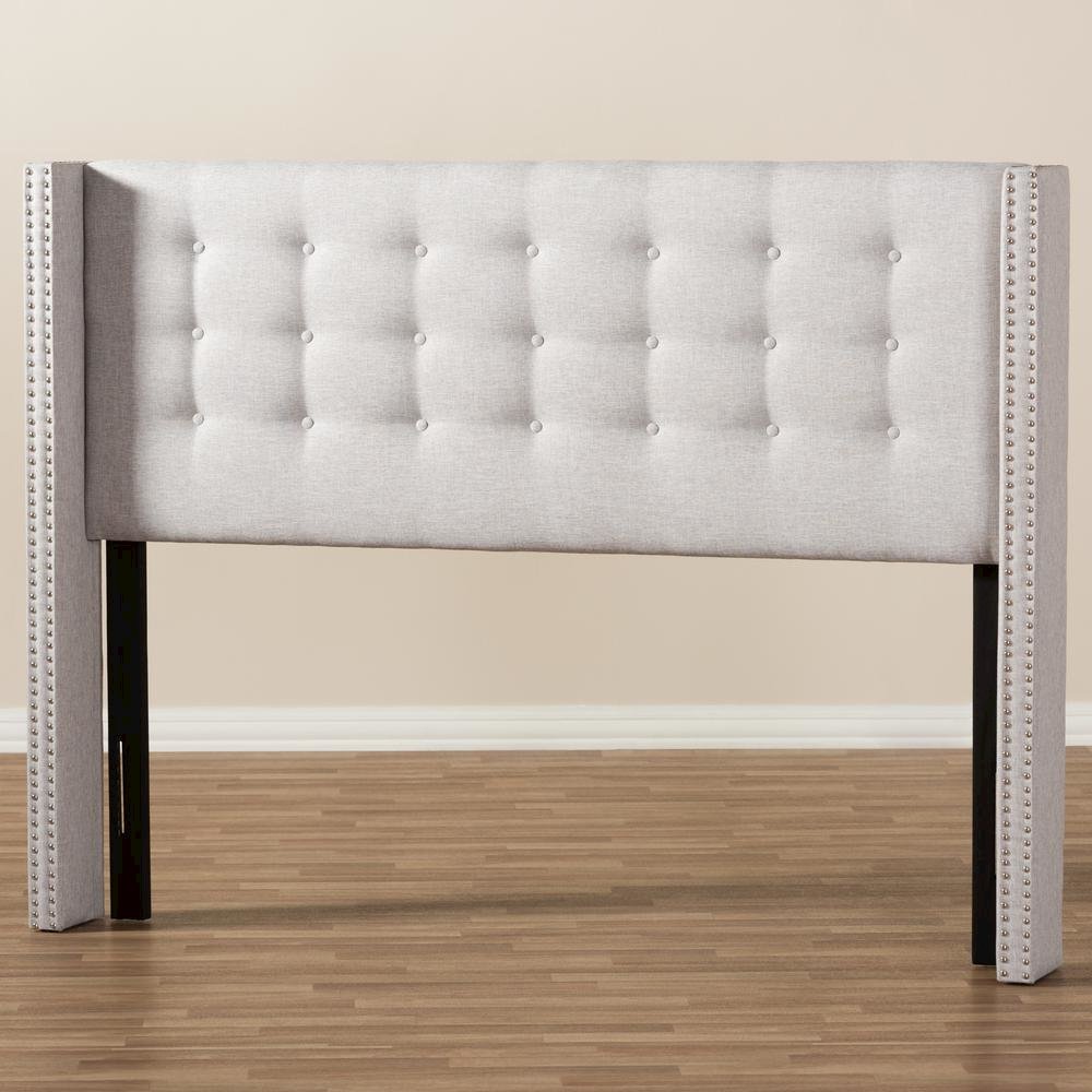 Greyish Beige Fabric Button-Tufted Nail head King Size Winged Headboard