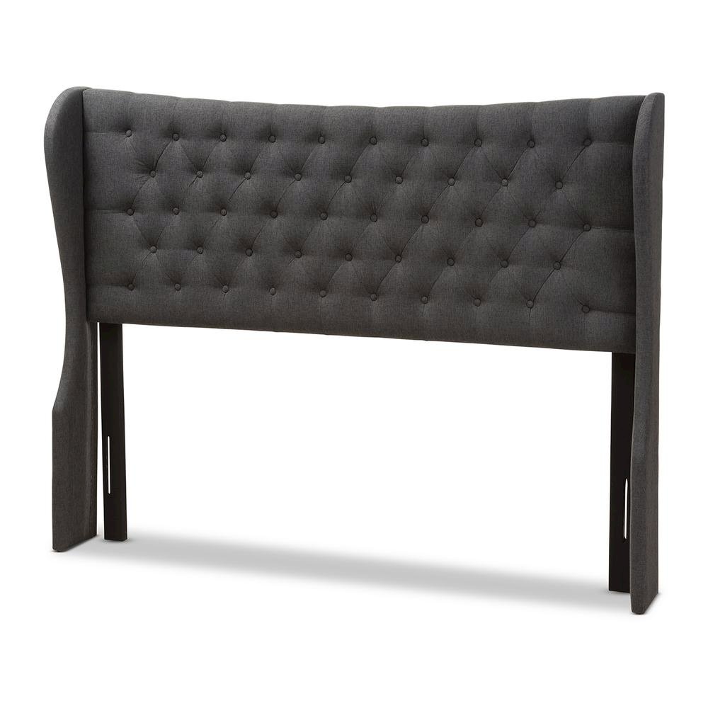Dark Grey Fabric Button-Tufted Queen Size Winged Headboard