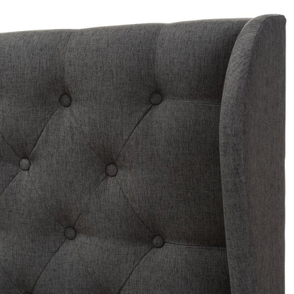 Dark Grey Fabric Button-Tufted Queen Size Winged Headboard