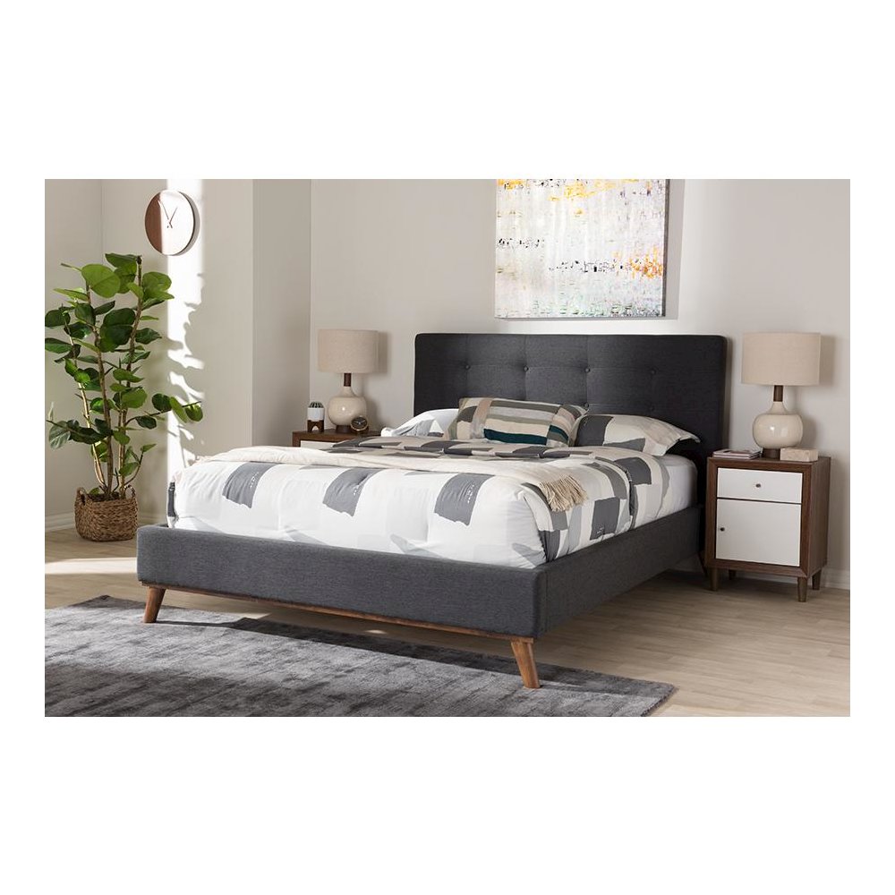 Valencia Mid-Century Modern Dark Grey Fabric Queen Size Platform Bed