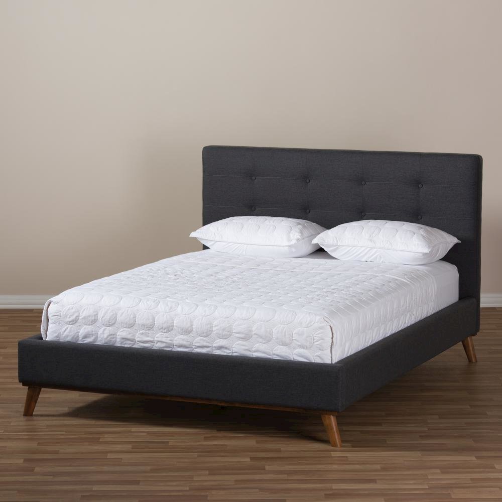 Valencia Mid-Century Modern Dark Grey Fabric Queen Size Platform Bed